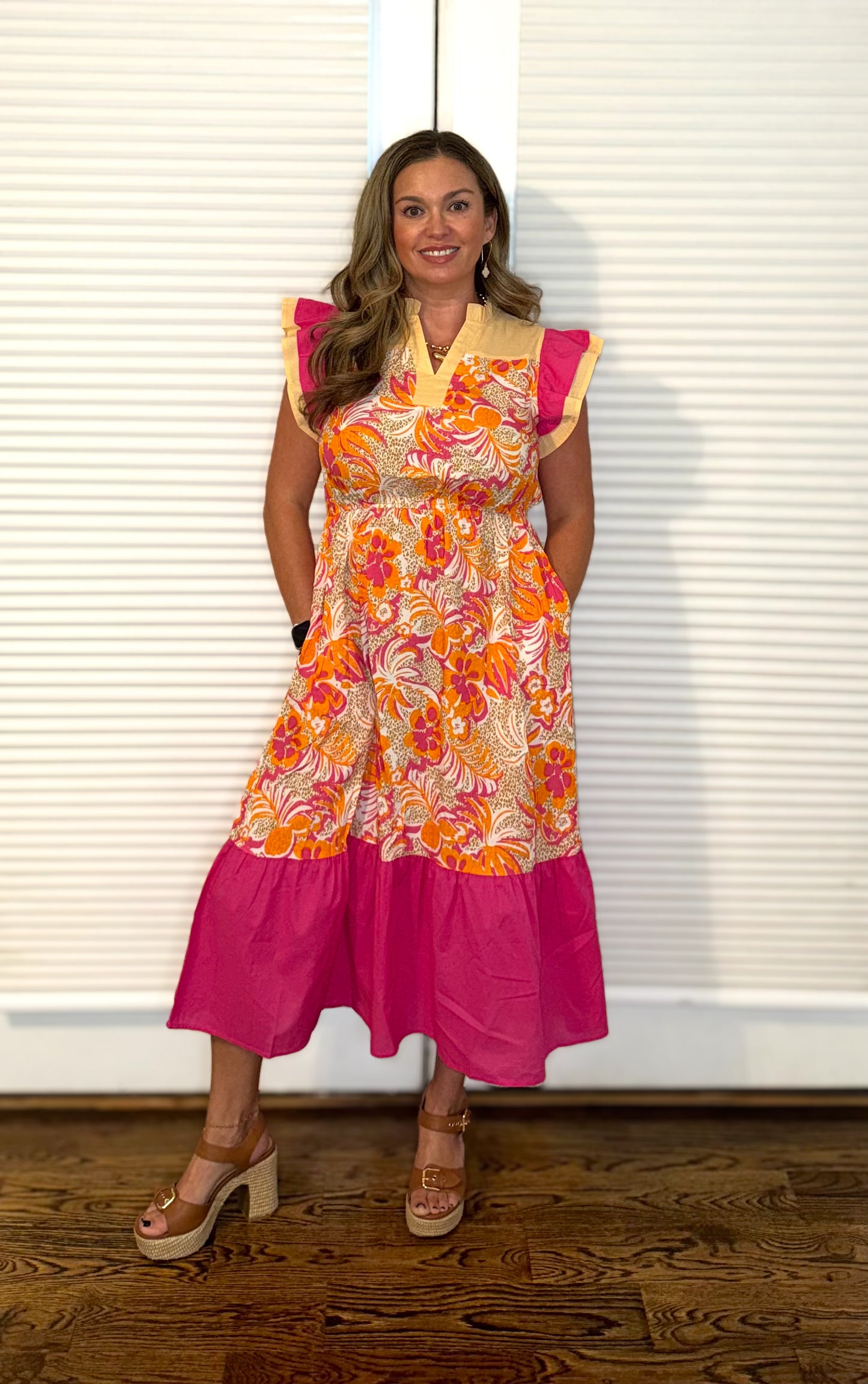 Rose Floral Print Midi Dress with Pockets
