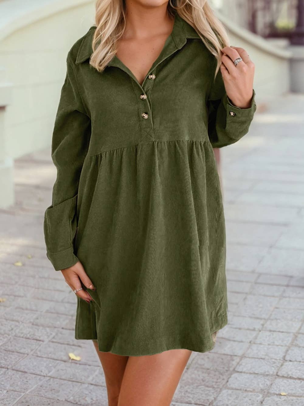 Corduroy Half Button Collared Long Sleeve Mini Dress